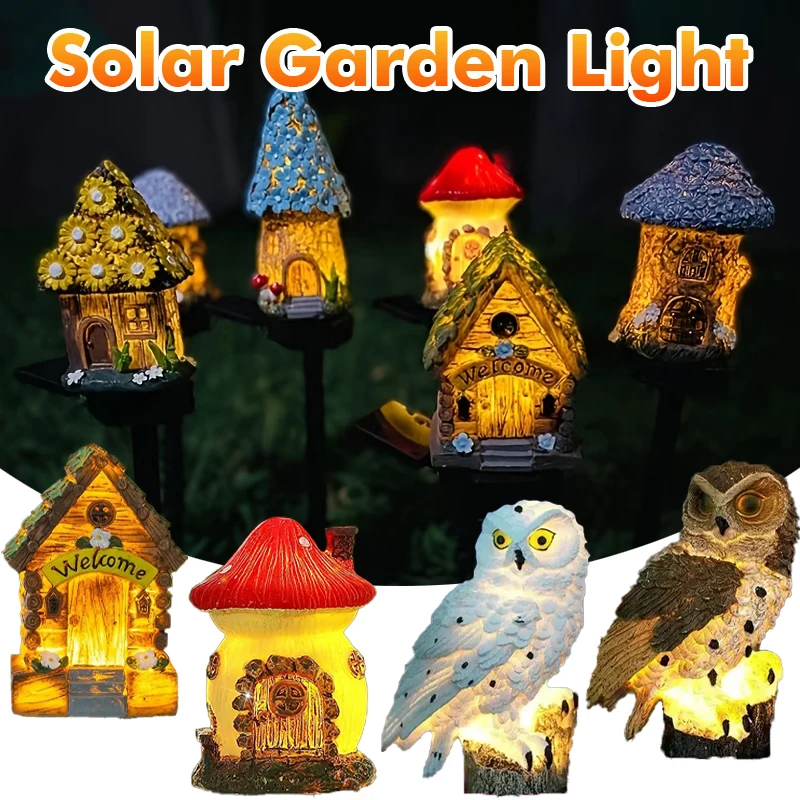 1pc Creative Solar Resin Mushroom House Light, Waterproof Small House Led Floor Plug Light For Outdoor Garden Lawn Decoration
