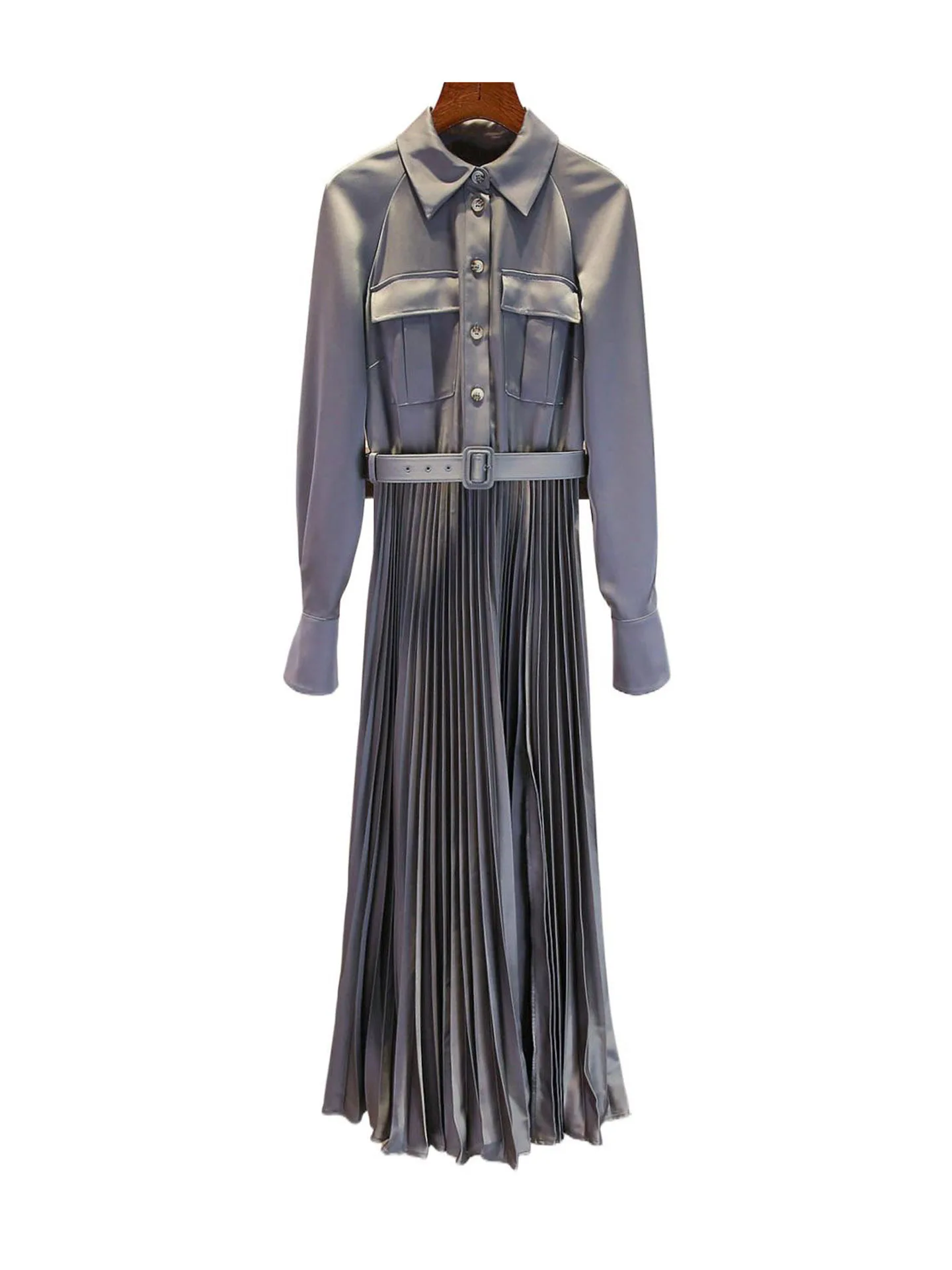 ハイウエストロングスカート ガーゼ生地 ベルト付き エレガント サテンロングスカート レディース 秋春 通勤 シンプル ハイウエスト