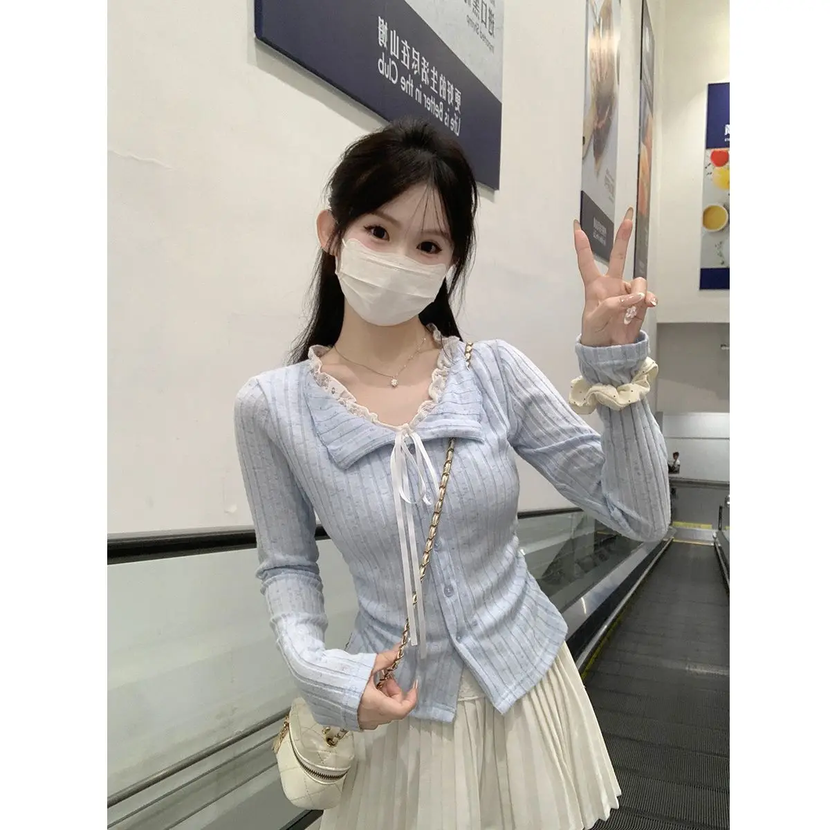 

Autumn Winter Lace Knot Fake Two-Piece Long Sleeve Design Open Cardigan Women Slim Fit Shirt Top Casual Style