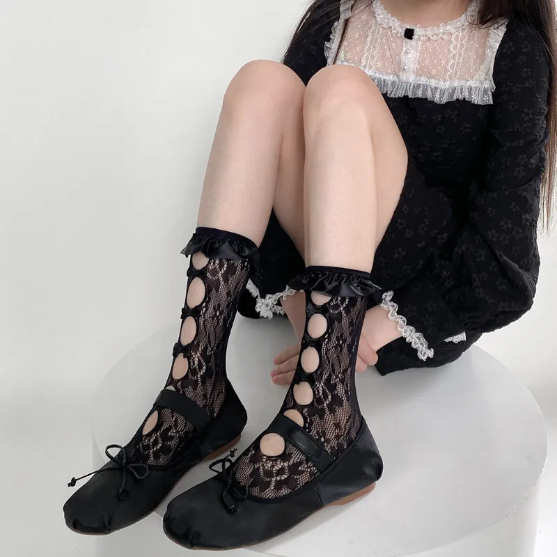 Women's Hollowed-out Bow Lace Trim Mid-calf Socks Thin Fishnet Breathable Highly Elastic Soft Skin-friendly Lolita Lovely Socks