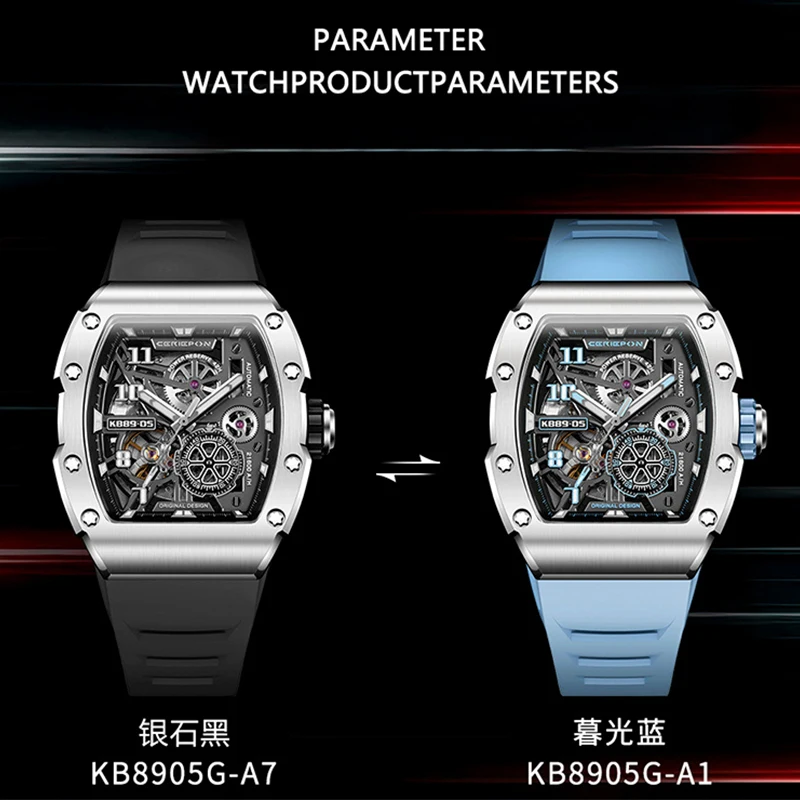 CERIEPON Men's Watch Hollowed-out Mechanical Rubber Strap Watch Sapphire Glass Sports Watch Silverstone Series Men Perfect Gift