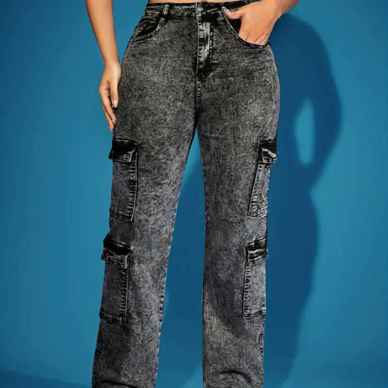 جينز نسائي فاخر لعام 2025 على الموضة الأوروبية والأمريكية، سروال طويل من قماش الدنيم متعدد الجيوب عالي المرونة