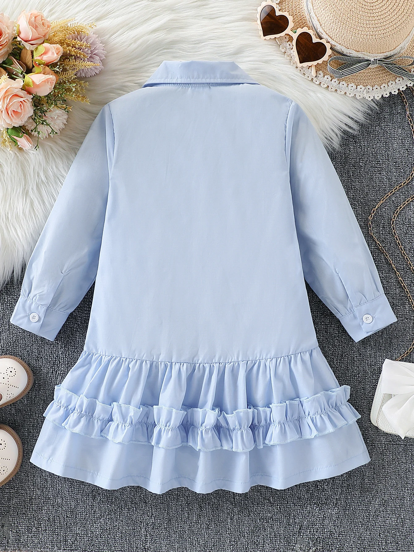 Mädchen Langarm-Shirt Lässig Einfarbig mit Lotusblatt-Spitzenbesatz für Herbst-Outdoor-Aktivitäten Modisches Kleid – Detail 3