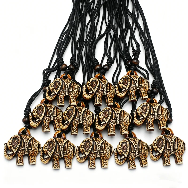 RUEMOY 12Pcs Full Tribal Grain Elephant Pendant Necklaces, Resin Faux Bone, 2 Colors, Adjustable Wood Bead Black Braided Cord