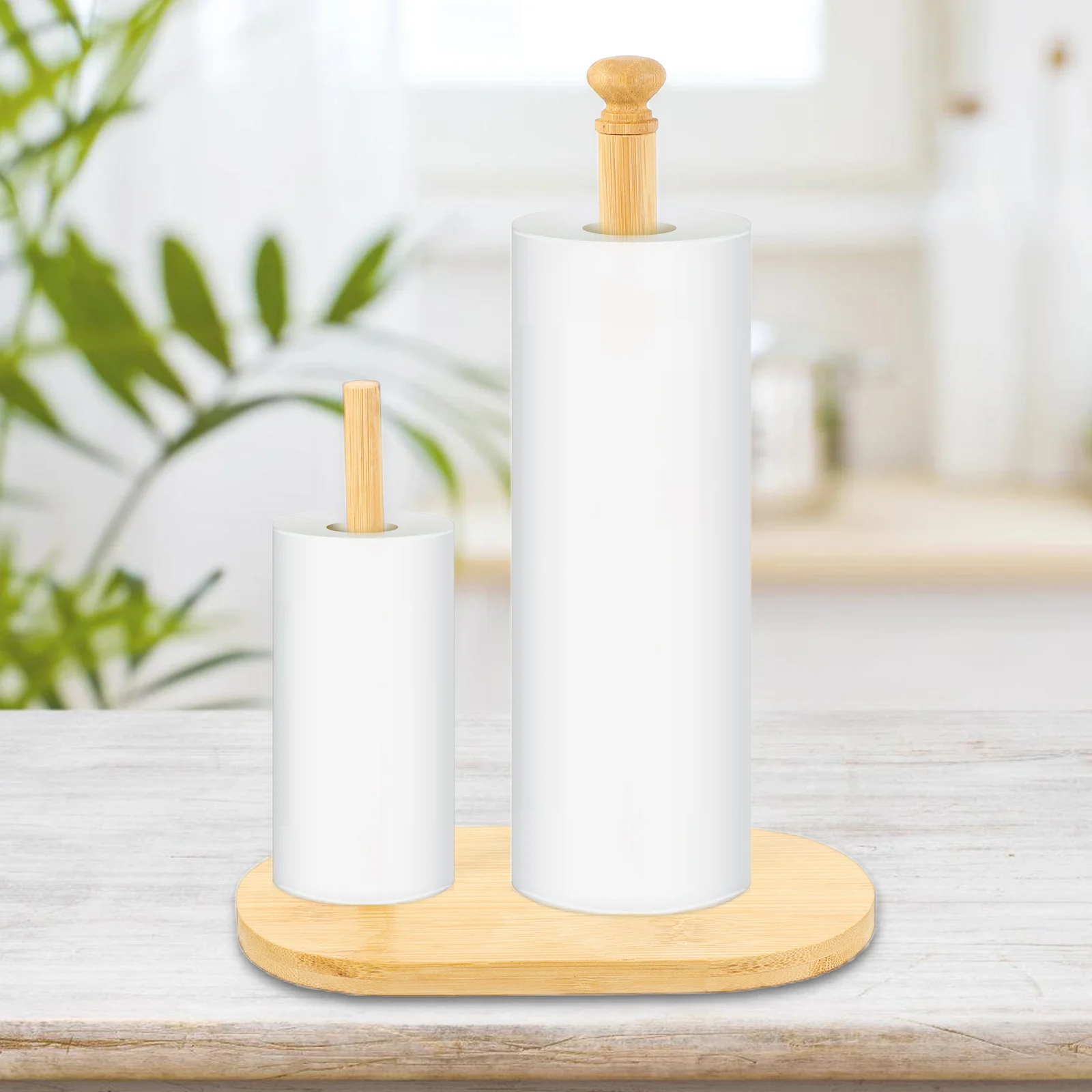 

Bamboo Roll Paper Holder Countertop Kitchen Gadget Organizer for Paper Towels Toilet Rolls Wrapping Sheets Farmhouse Style
