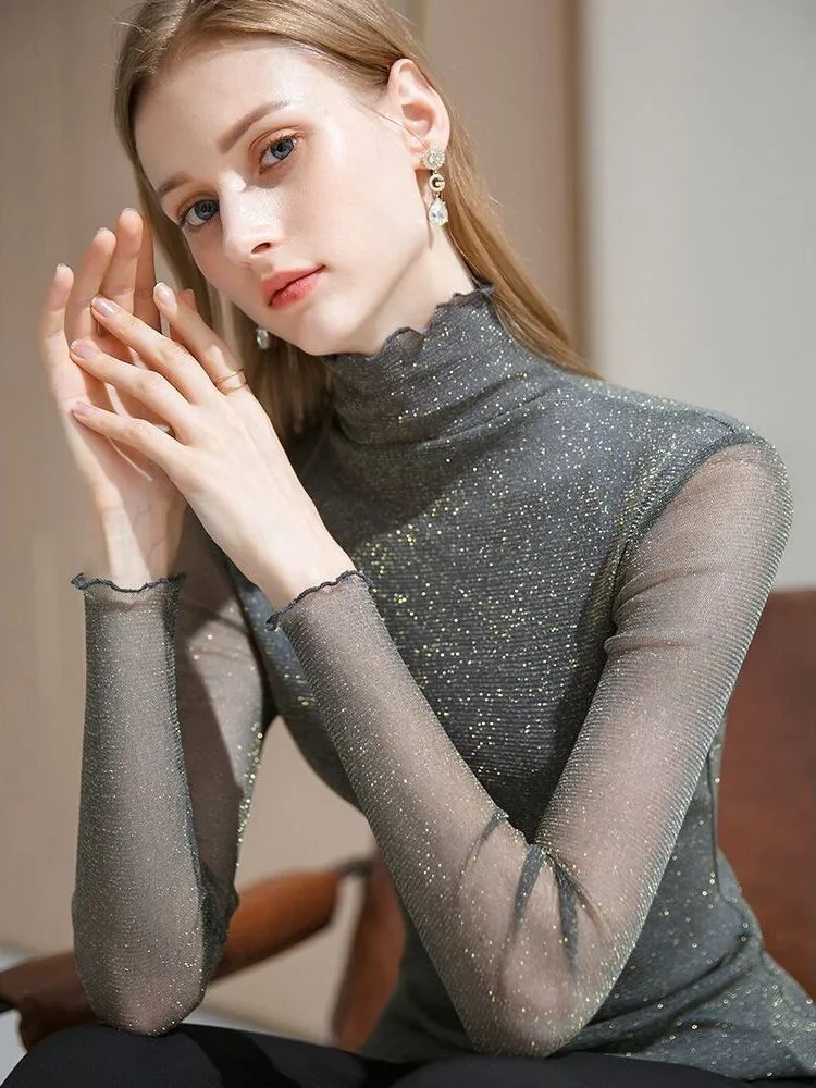 Black Top Female Turtleneck Mesh Slim Fine Sparkle Women\'s Long Sleeve T-shirt 90s Vintage Harajuku Fashion Japanese Clothes Tee