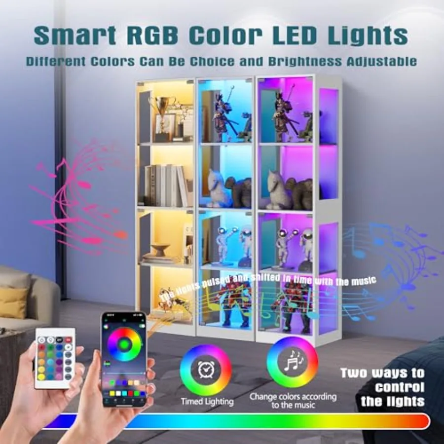 Glass display cabinet with RGB lights for collectibles, 4-tier curio shelf in clear glass and black finish, ideal for playroom view 3