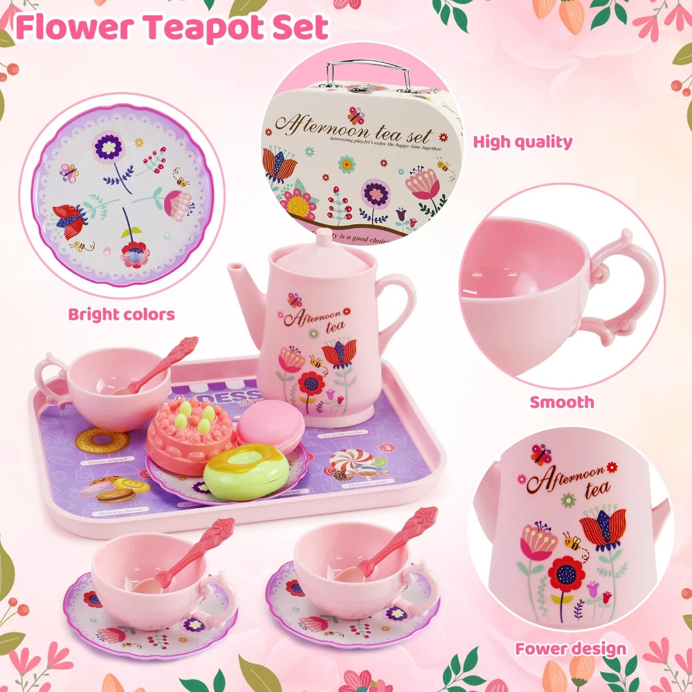 WizKidz Kids Flower Tea Party Set with Carrying Case & Sweet Treats Playset - Pretend Toy Tin Tea Set for Ages 3+ Little Girls