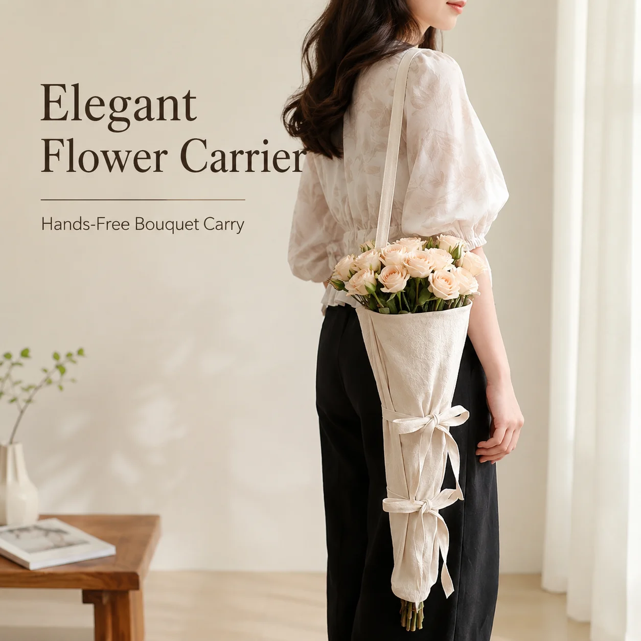 Custom Logo Canvas Flower Bouquet Bags Elegant Carry Bag Gifts Portable Reusable Adjustable Flower Bag Storage Floral Canvas Bag