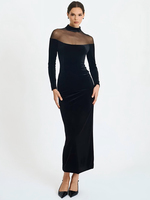 Mozision Sheer Off-shoulder Long Sleeve Sexy Maxi Dress Women Gown Elegant Half High Collar Backless Bodycon Club Party Dresses
