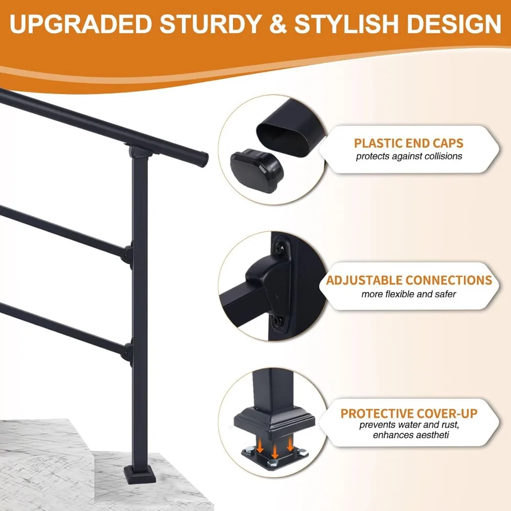 3-Step Outdoor Stair Railing: Black Wrought Iron Handrail for 2 to 3 Steps - Porch Stairs Hand Rail Railings Kit