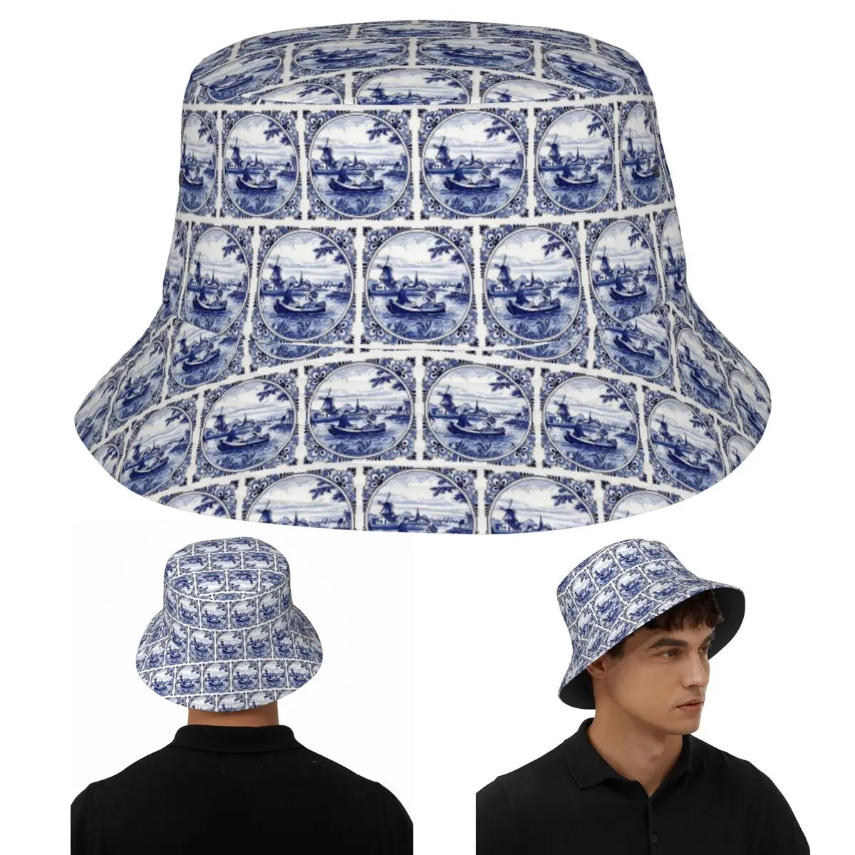 الهولندية الأزرق دلفت طاحونة الكنيسة والمراكب الشراعية قبعة بحافة بنما للأطفال بوب صياد القبعات لصيف قبعات الصيد رجل امرأة #1