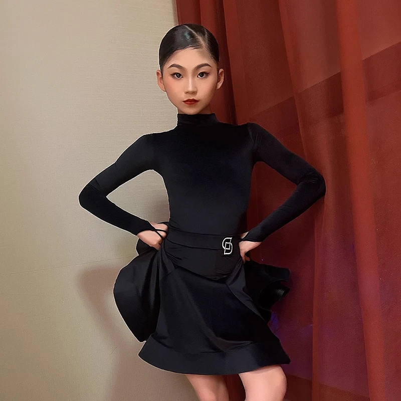 Vestido de actuación de baile latino para niñas, traje negro de falda de terciopelo de manga larga, Chacha Rumba, ropa latina para niños VBH845, novedad de 2024