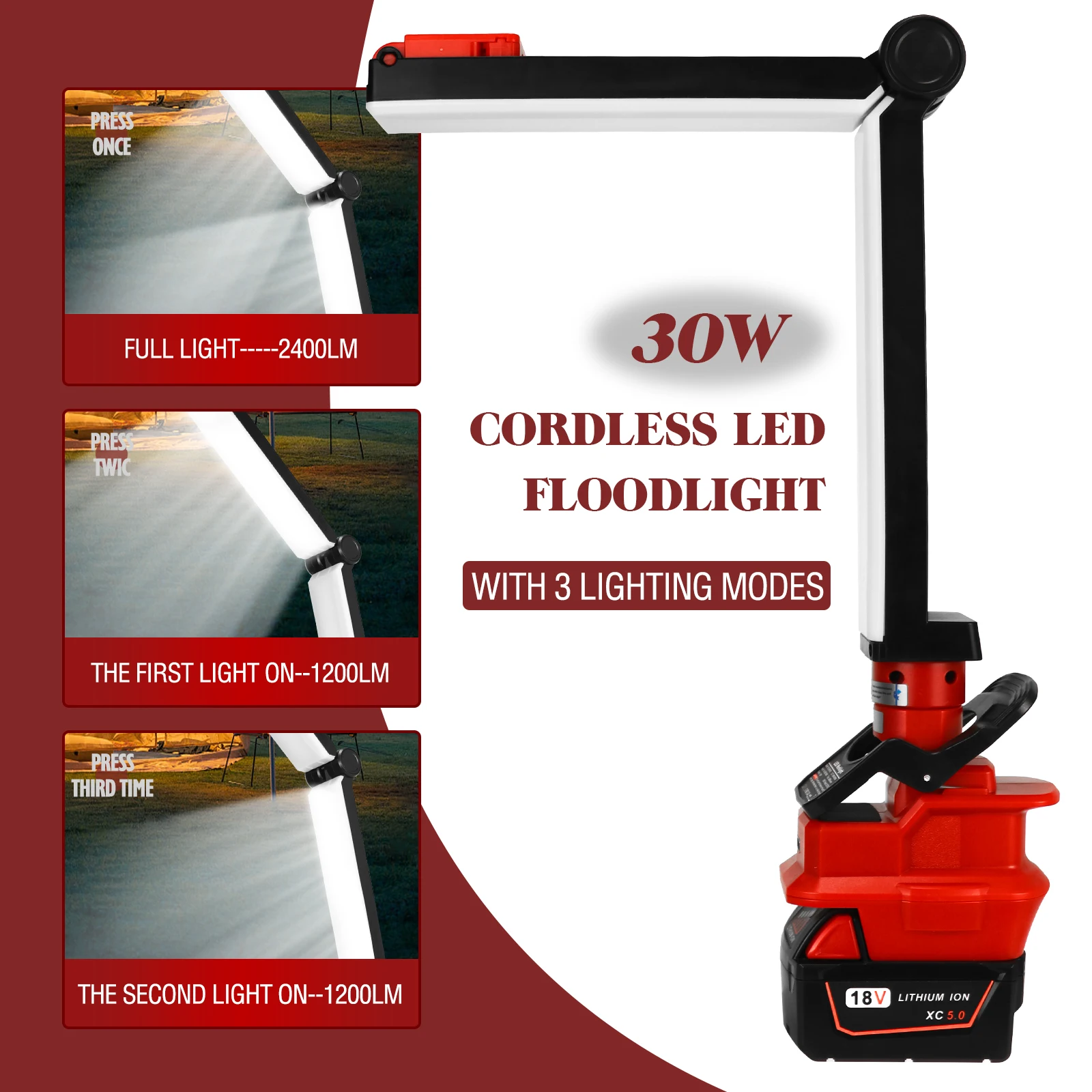 Luz LED de trabajo inalámbrica para Milwaukee/Dewalt/Makita, linterna de 3 modos de iluminación con puerto USB, Batería de 18V-20V, 30W, 2400LM