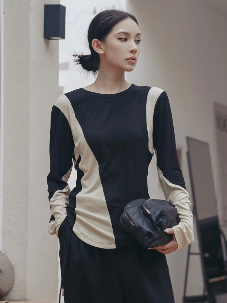 Women Black Apricot Color-block Irregular Casual T-shirt New Round Neck Long Sleeve Fashion Spring Autumn 2022 C305