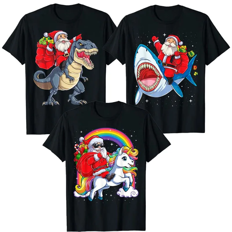 Santa Riding Dinosaur T Rex Christmas Boys Men Xmas Squad T-Shirt Xmas-Santa Ride Shark Santa-Claus Riding-Unicorn Cute Tee Tops