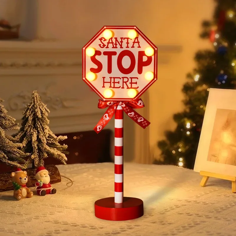 Lampada natalizia a LED Babbo Natale Stop Here Cartello stradale Natale Ornamenti da tavolo in legno Luce 2024 Decorazione natalizia per la casa Regali di Capodanno