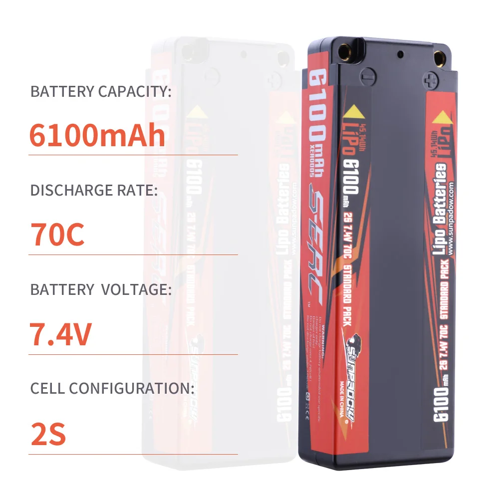 Sunpadow 7.4V 2S Lipo Battery 6100mAh 70C Hard Case with 4mm Bullet for RC Truck Car Truggy Buggy Vehice Hobby