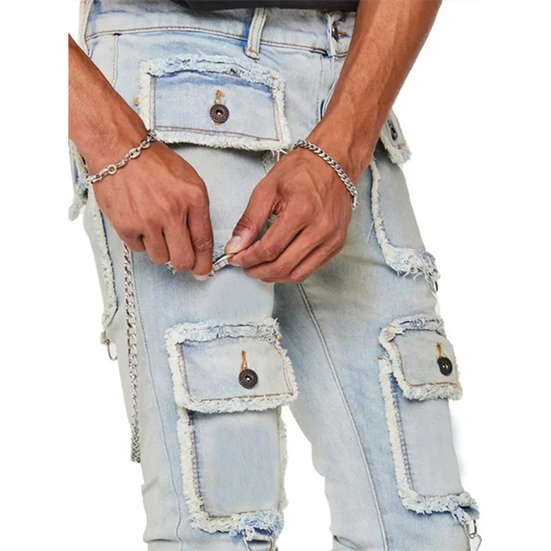 Men Multi-pocket Patchwork Chain Decoration Straight Jeans Washed Denim Trousers Male Hipster Style Streetwear High Waist Pants