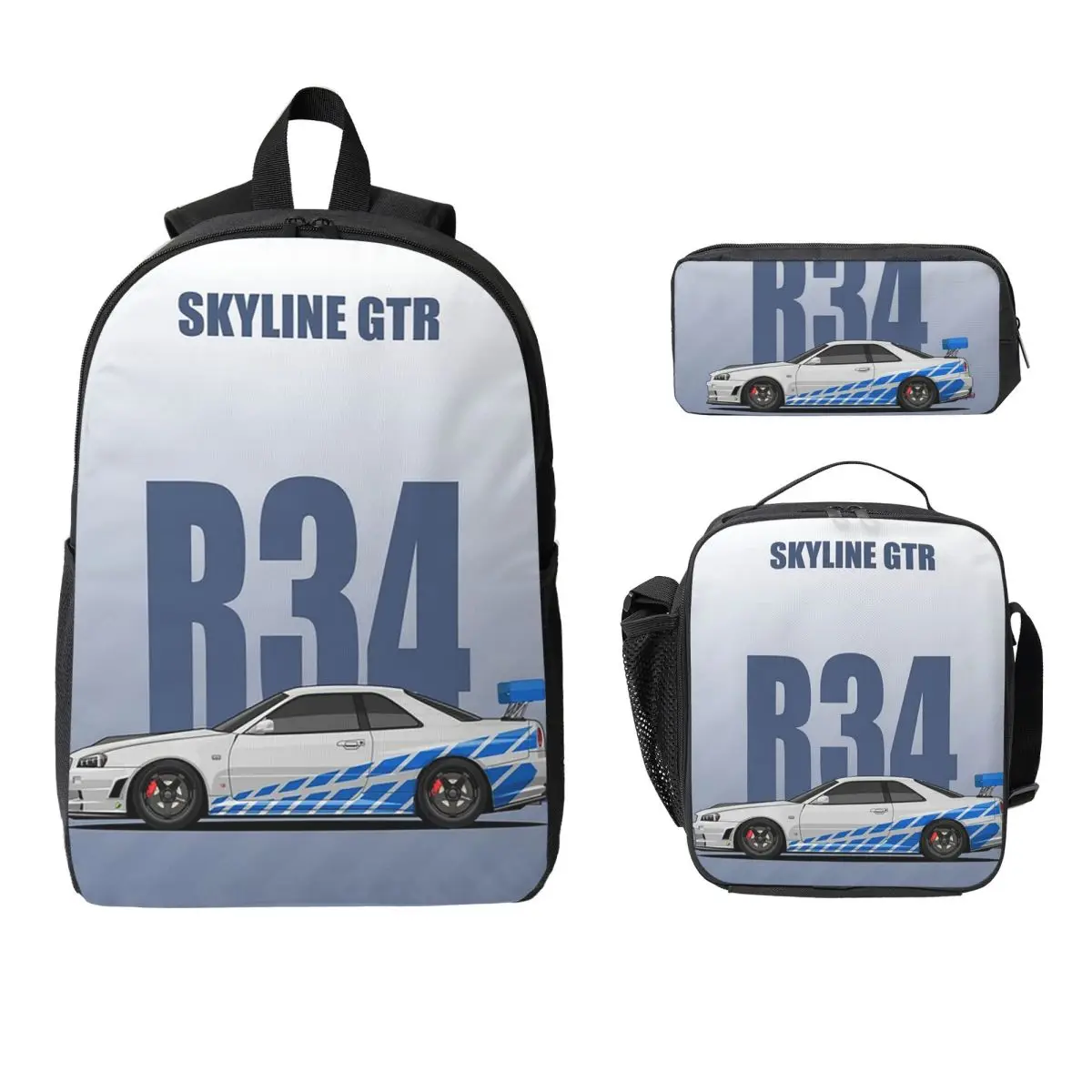 

Skyline GTR R34 Backpack Student Boys Girls BookBag School Bag Computer Shoulder Bags 3ps Insulated Lunch Bag Pencil Case