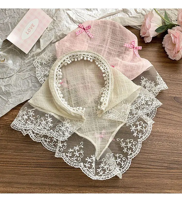 

French Style Lace Bowknot Headscarf Hair Hoops For Women Triangle Scarf Hair Band Sweet Trendy Turban Girl Travel Hair Accessory