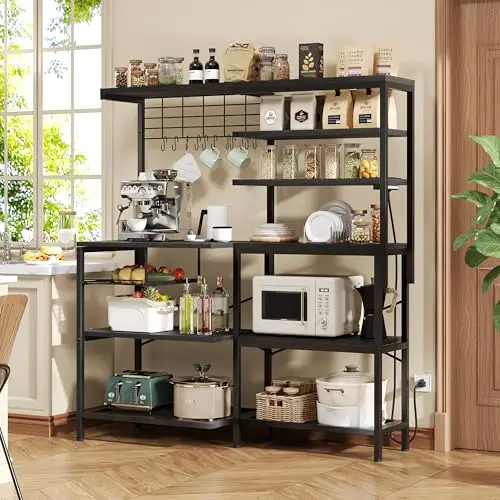 L-Shaped Bakers Rack with Power Outlet | 6-Tier Microwave Stand with Open Storage, Kitchen Shelf with Hooks, Coffee Bar