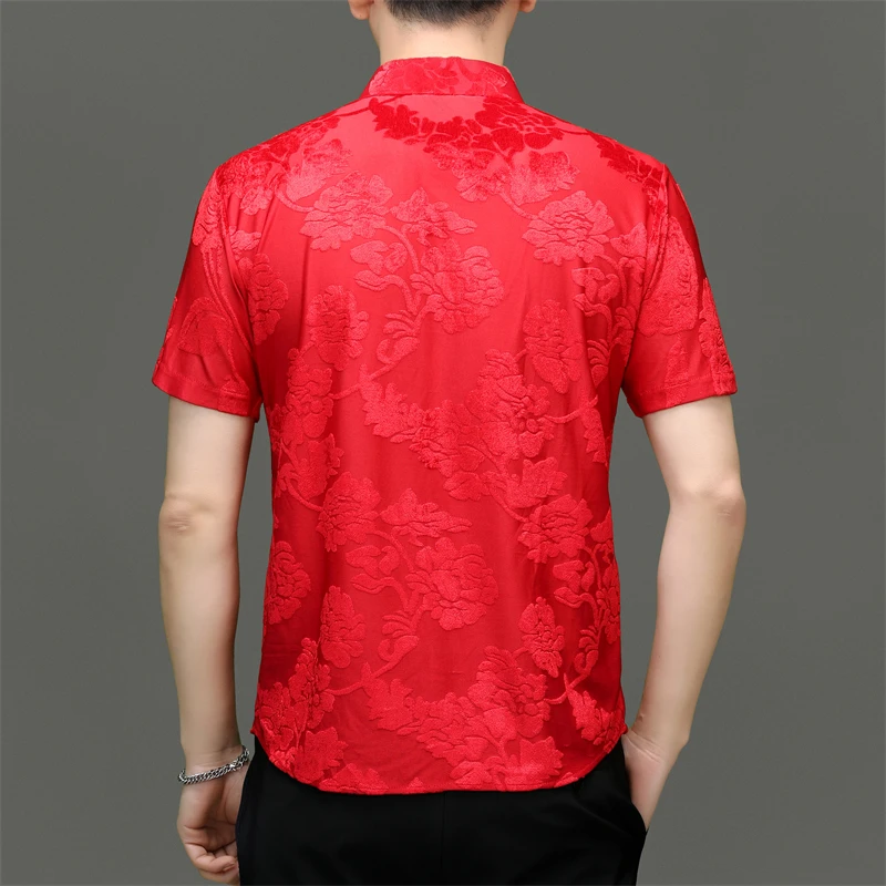 Green Floral Flocking Velvet Shirts For Men Short Sleeved Hollow Summer Quality Comfortable Breathable Fashion Camisas De Hombre