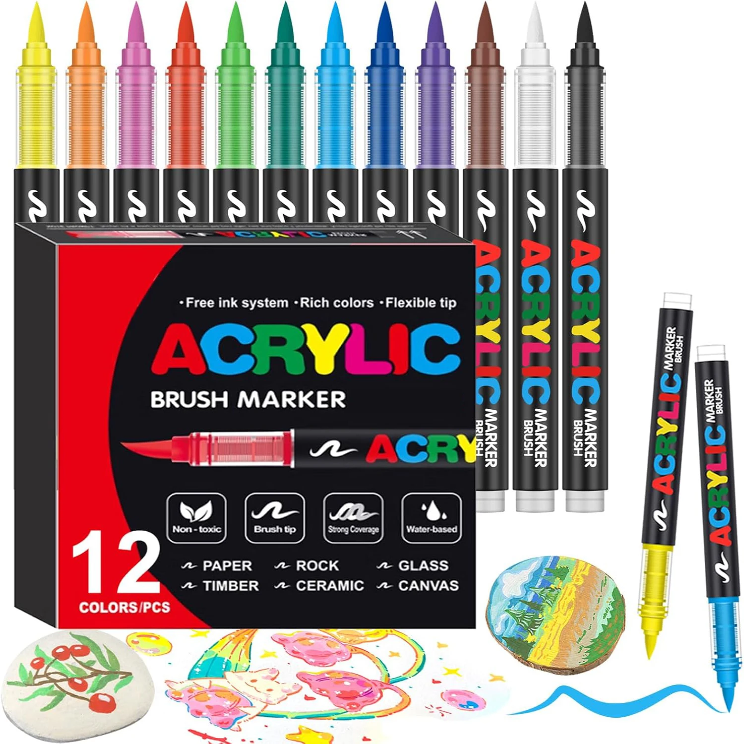 12-366 Farben Acryl-Marker-Set Permanente Marker mit Pinselspitze Acryl-Malmarker für Stein Glas Keramik Leinwand Holz