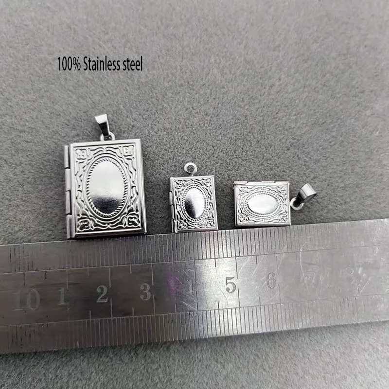 10pc DIY Engraving Tiny Book Locket Stainless Steel Pendant Square Photo Frame Charms Men Women Making Family Memories Jewelry