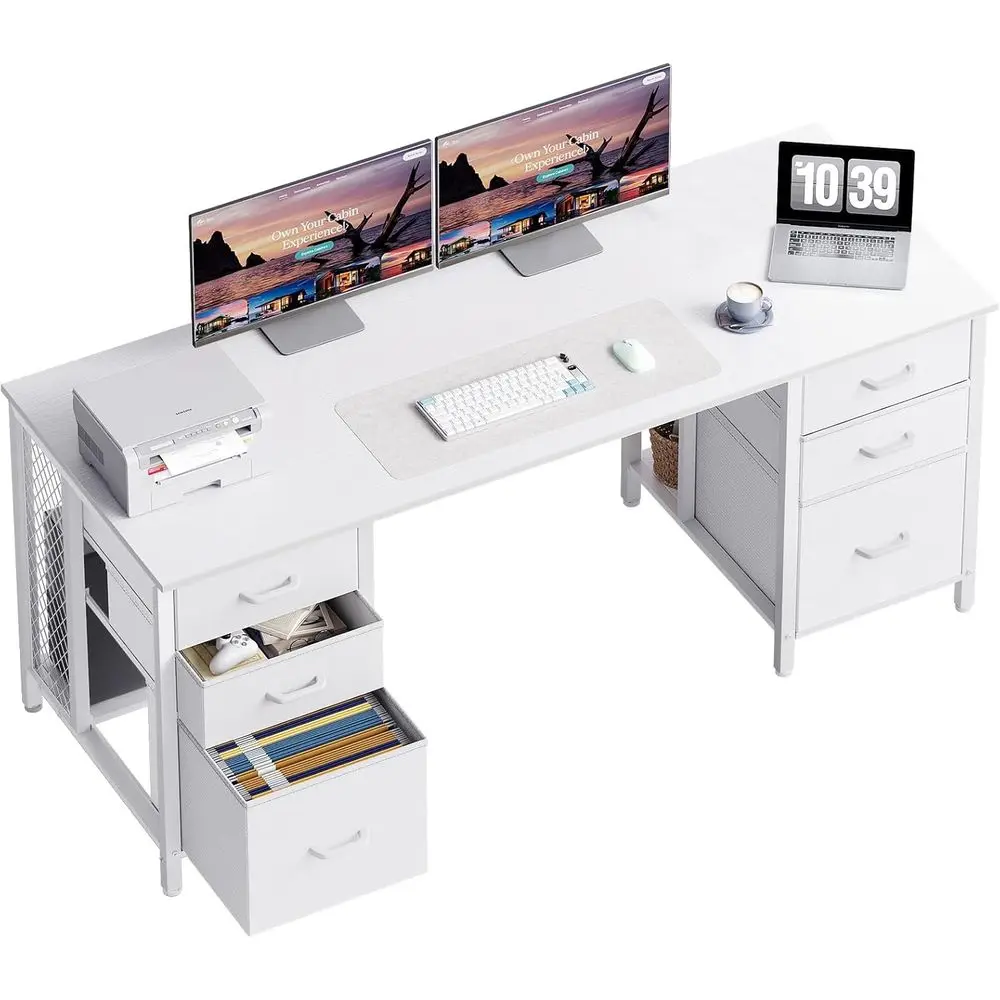 63 Home Office Desk with Fabric Drawers and Hidden Storage Cabinet, White