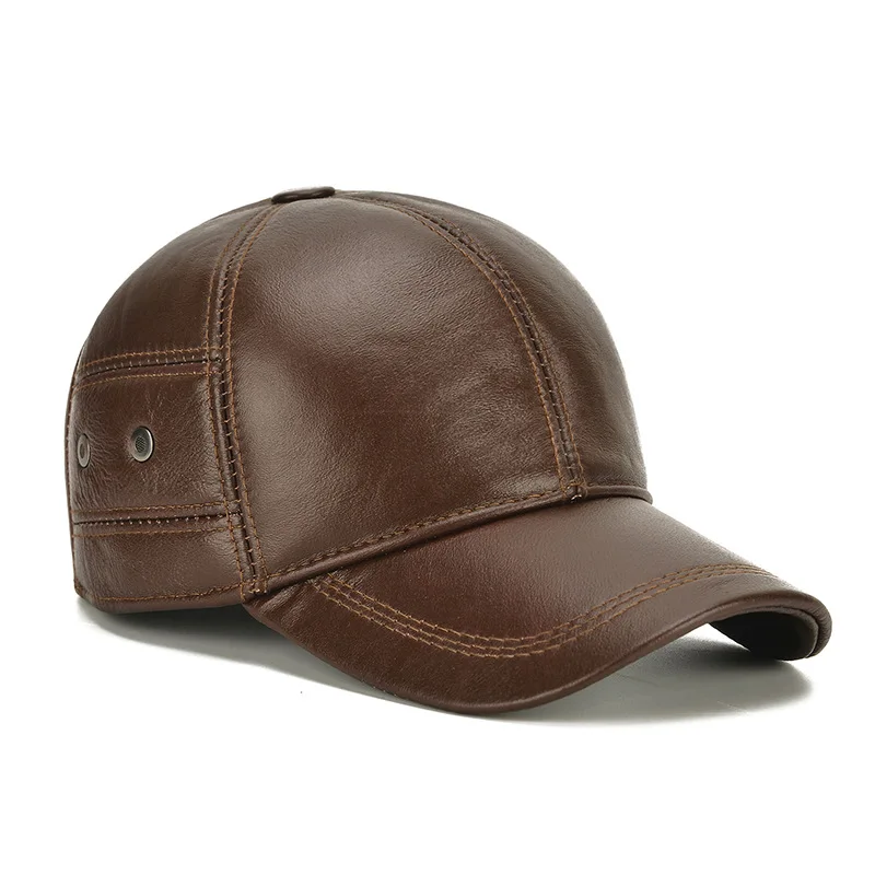 

Men Cowhide hat Winter Warm Outdoor Protect Ear Casquette Real Leather Adjustable Baseball Cap