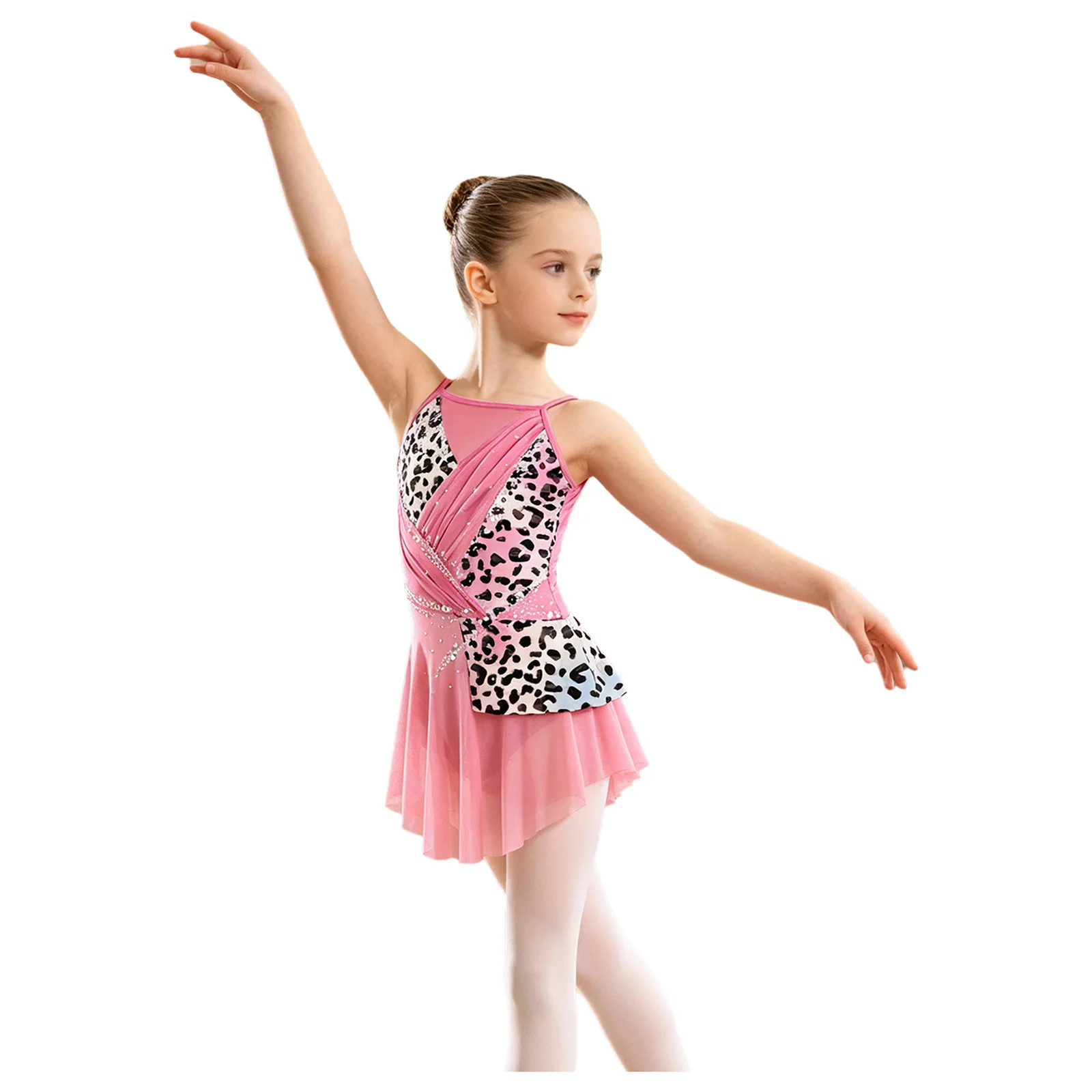 Ballett-Trikots für Mädchen, lyrisches Tanzkostüm, Leopardenmuster, mit Strasssteinen, Gymnastik-, Eiskunstlauf- und Tanzkleidung. – Detail 4