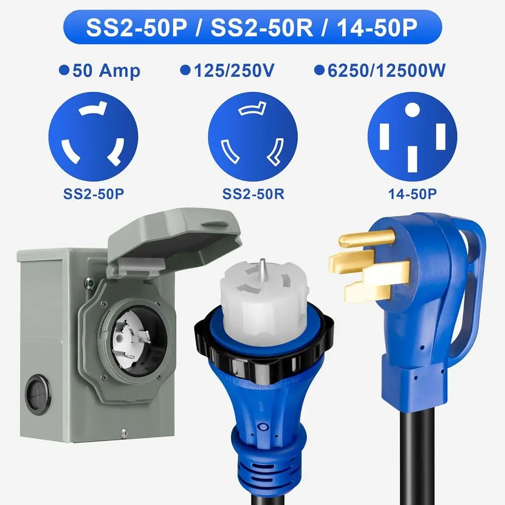 50 Amp Generator Cord and Inlet Box Combo Kit, 50T NEMA 14-50P to SS2-50R Cord, Pre-Drilled Inlet Box, Waterproo, UL & ETL Liste - view 2