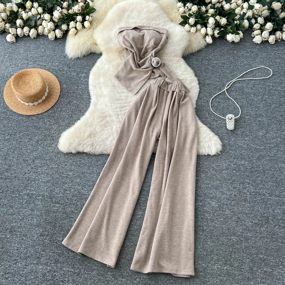 

Сексуальные комплекты из двух предметов, плиссированный свободный топ без рукавов и модные комплекты с широкими летними брюками с высокой талией