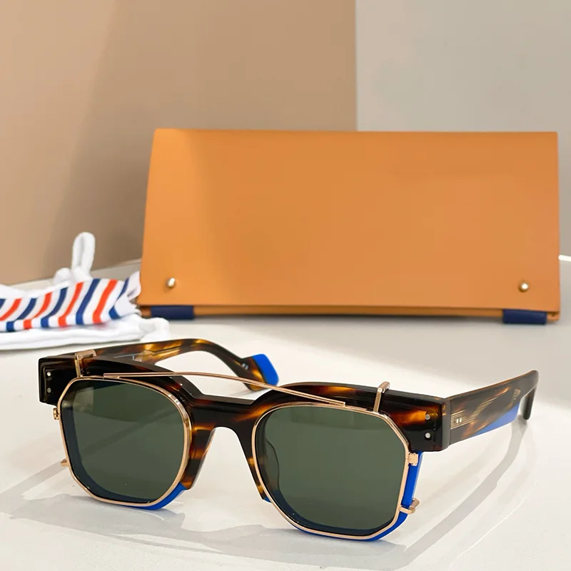 

Дизайнерские винтажные солнцезащитные очки-клипсы в полоску коричневого цвета для мужчин, классические нишевые ретро-очки-клипсы квадратной формы из ацетата