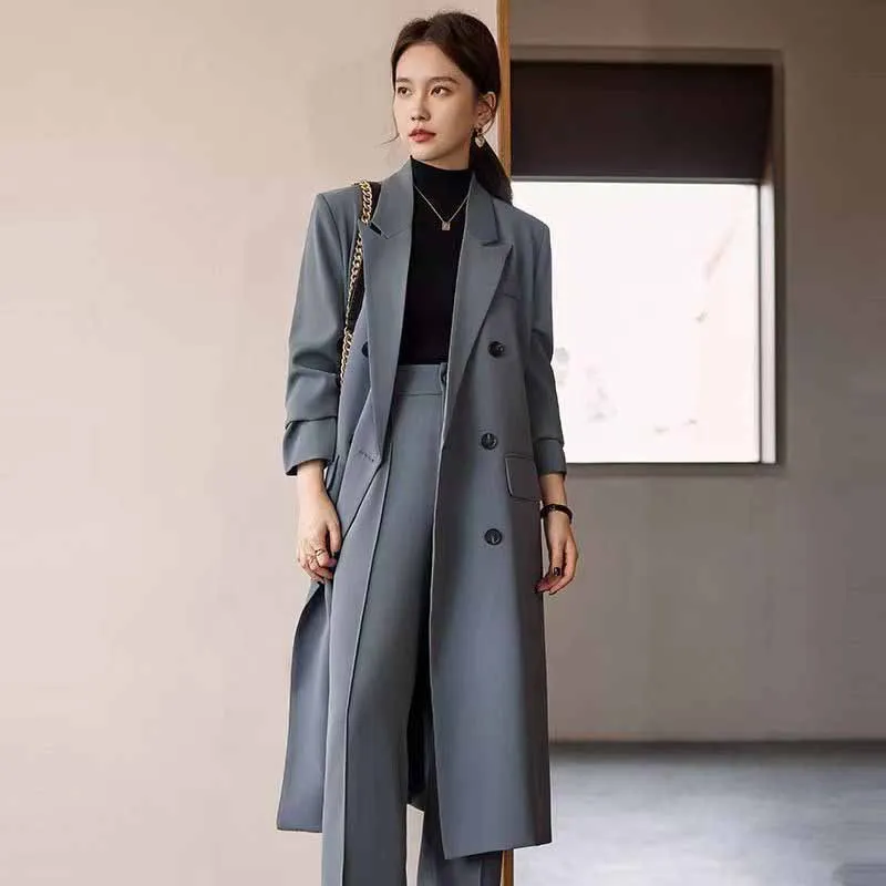 Lucyever Korean Style Chic Office Lady Long Blazers Elegant Double Breasted Blazer Jacket Women Fashion Streetwear Trench Coat