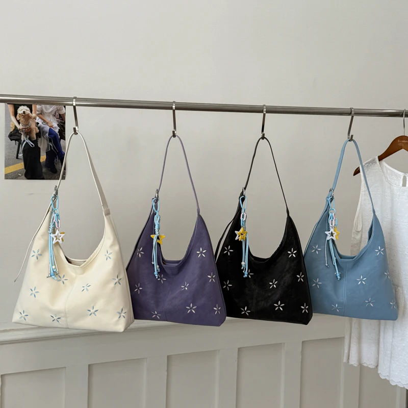 

Летняя винтажная сумка-хобо с вышивкой звездами, мягкая, вместительная, молодежная сумка-тоут с подвеской-звездой, повседневная сумка через плечо