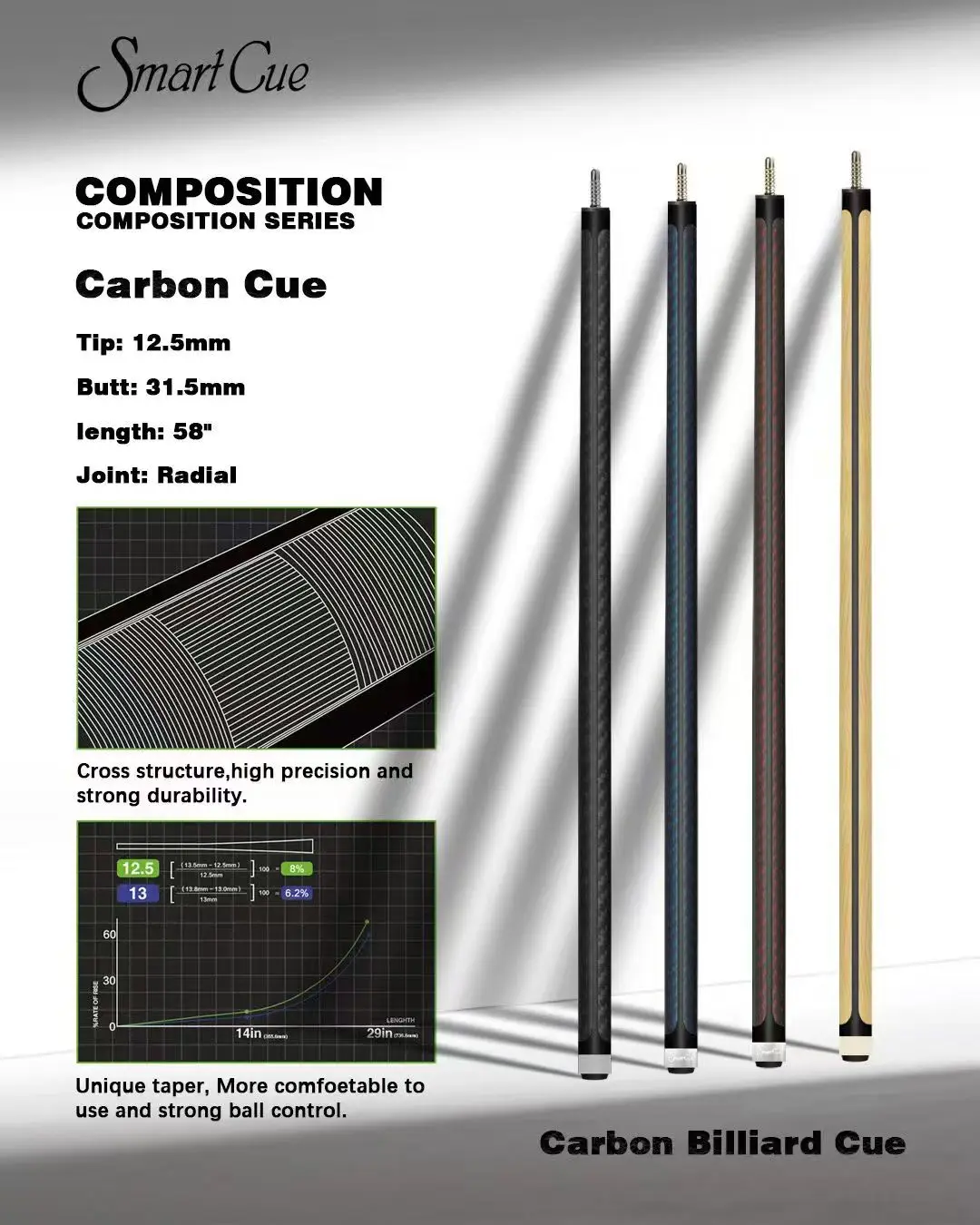 

2025 New Style 3 Designs Smart Cue Set 58'' 1/2-pc Billiard Pool Cue with Authentic Carbon Fiber Shaft and Protective Cue Case