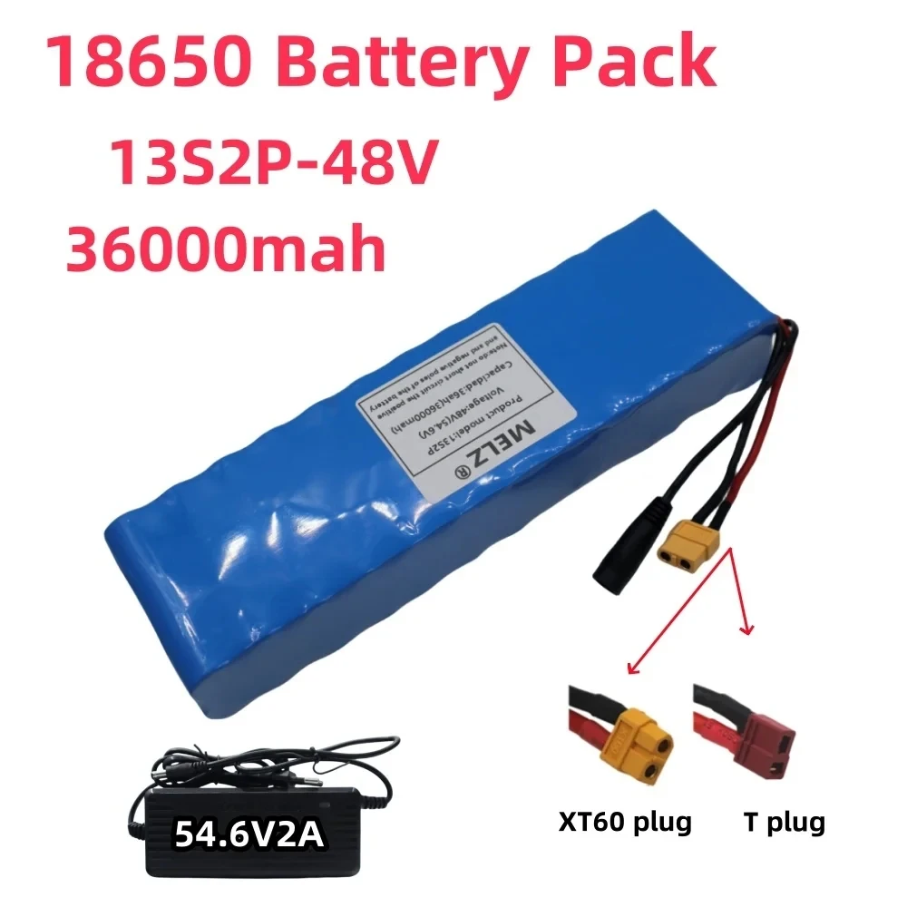 

48V lithium-ion battery pack 13S2P 36000mAh 1000W Xt60 or T plug with built-in BMS for 250W-1000W