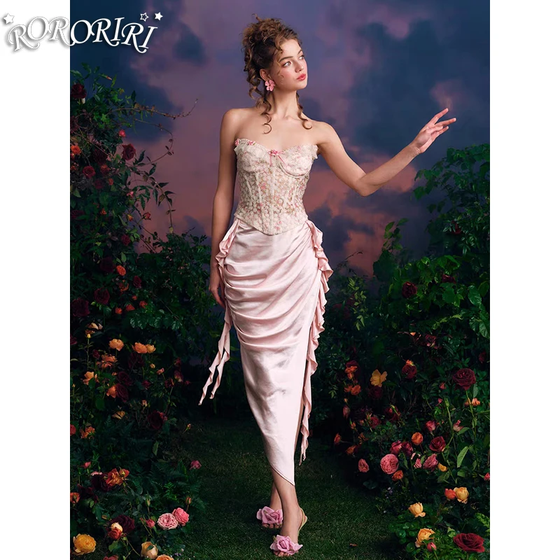 

RORORIRI Lace Stitch Boned Corset Top Skirt Women Set Flower Embroidered Lace-up Vest Ruffle Belt Slit Long Skirt Sexy Clothing