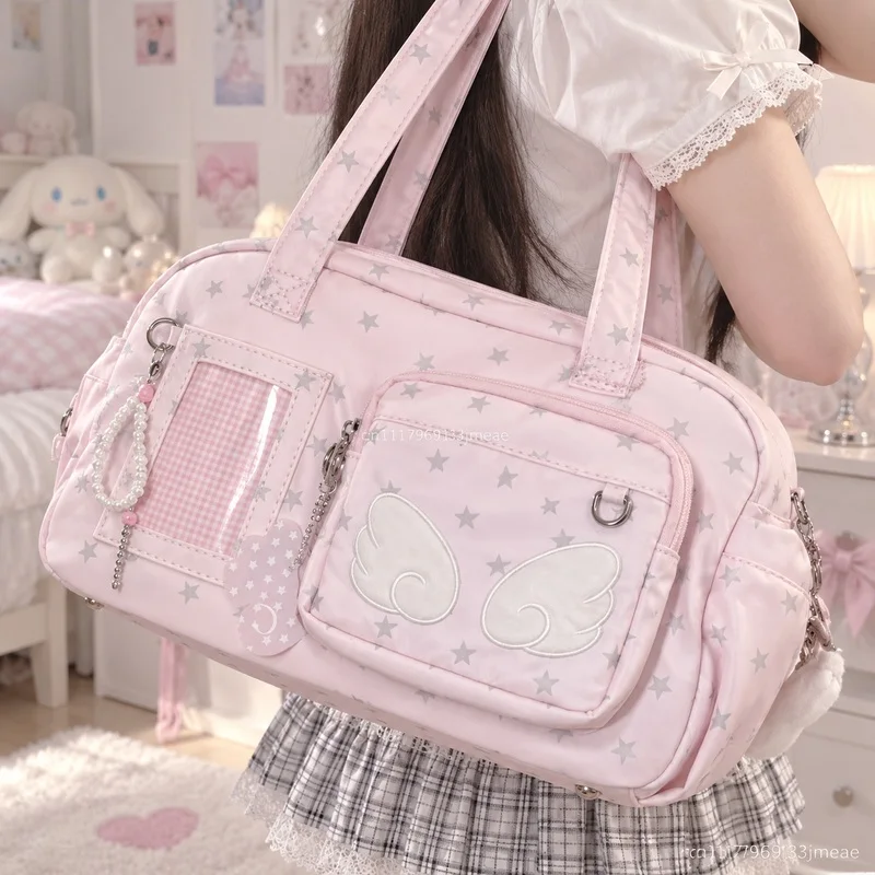 Y2K Star Print Ita Bag for Women Kawaii Angel Wing Shoulder Tote Anime Display Handbag for Concert Cosplay School Travel