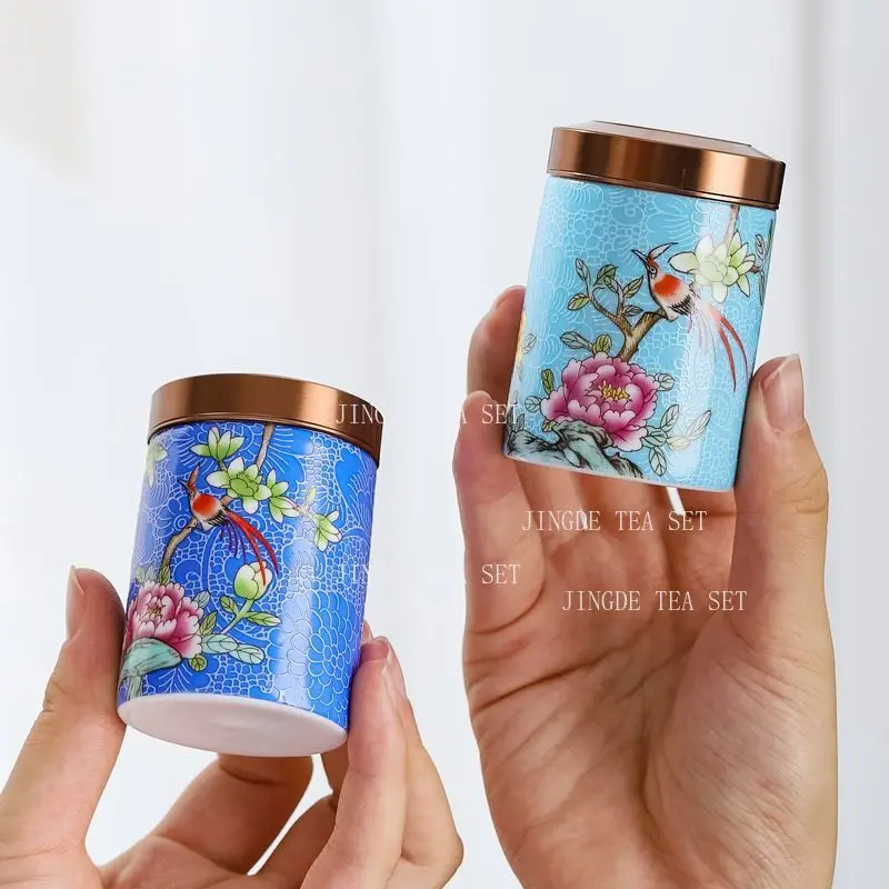 1pcs Portable Tea Can Household Ceramic Enamel Colored Pu'er Tea Can Chinese Style Sealed Moisture-proof Small Tea Can