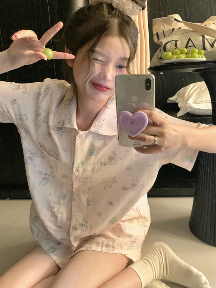 かわいい漫画純綿パジャマ女性の半袖人形襟ホーム服セット夏ピンクガーゼ二重層ショーツ