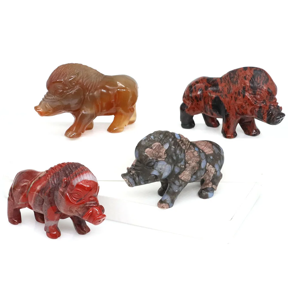 Natural Stones Wild Boar Statue Reiki Healing Crystal Carving Animal Figurine Gem Crafts Home Decoration Fengshui Ornament Gifts