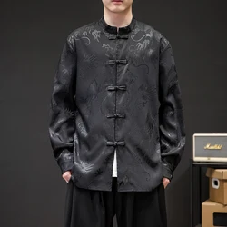 Ijs Zijde Dragon Mannen Shirt Chinese Stijl Retro Donkere Bloem Dun Vest Mens Casual Losse Traditionele Kung Fu Tai Chi Tang Shirt