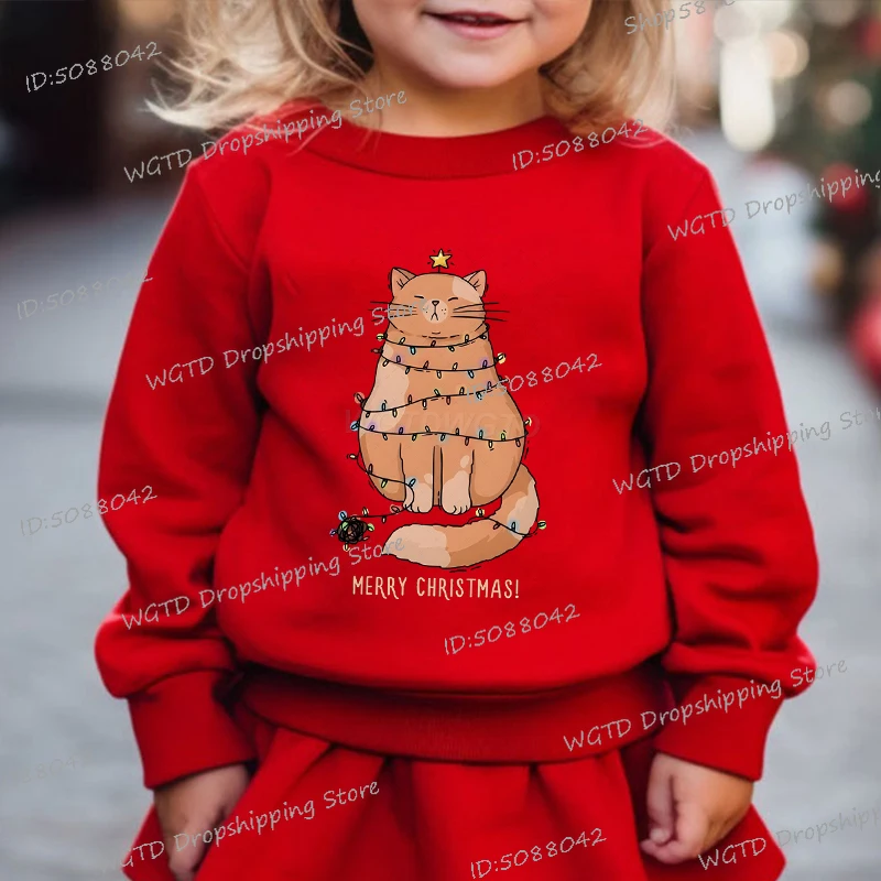 

Merry Christmas Cat Print Girls Boys Sweatshirts Long Sleeve Crewneck Xmas Clothing Autumn Winter Kids Christmas Pullover Gifts