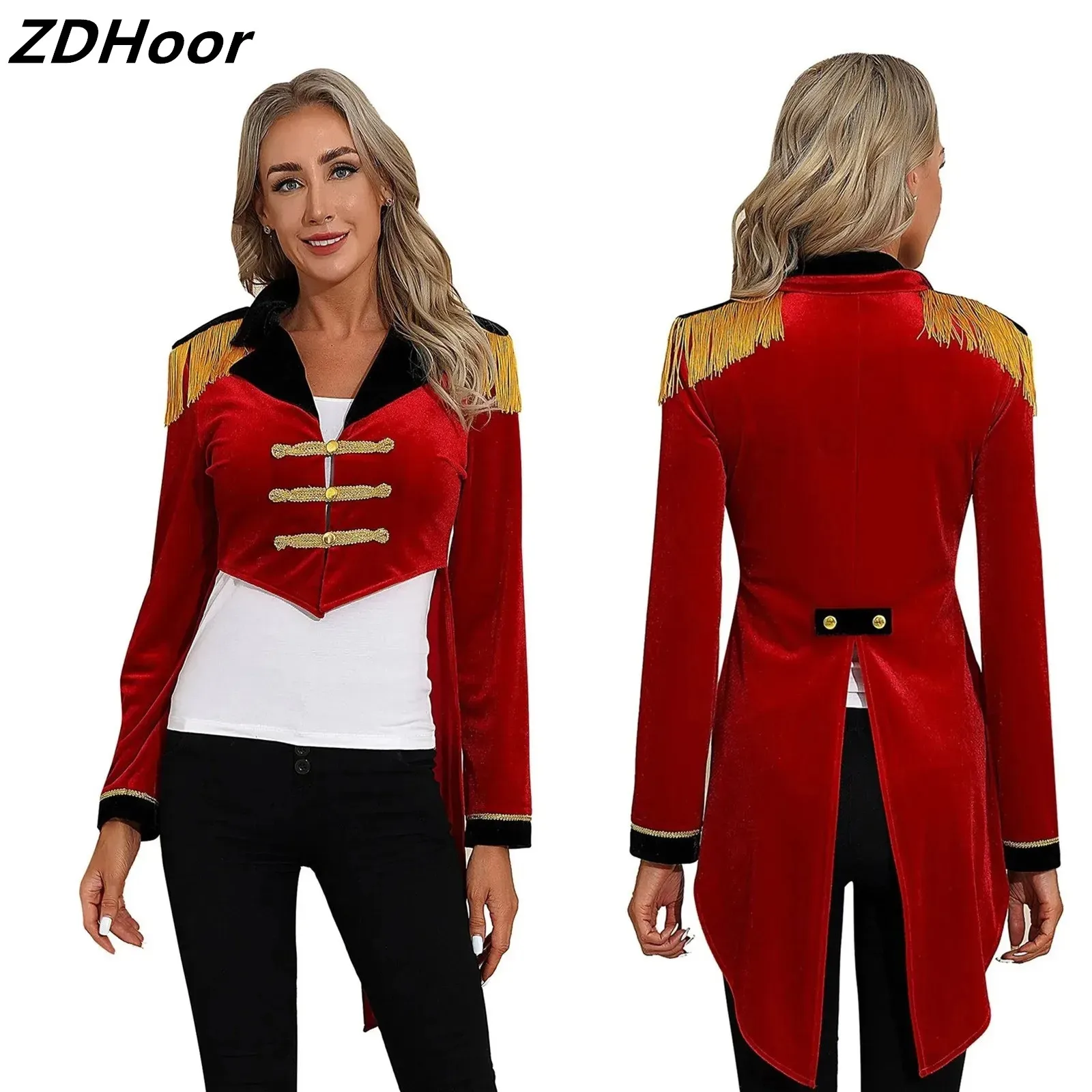 

Womens Circus Show Tailcoat Ringmaster Cosplay Coat Stage Performance Costume Color Block Lapel Long Sleeve Velvet Coat