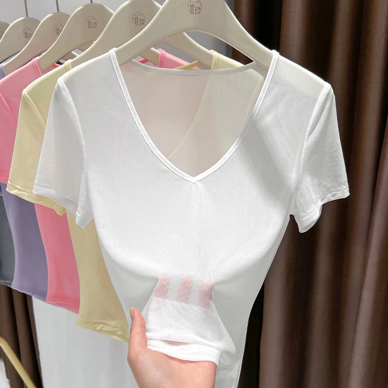 

Purple ice silk mesh V-neck short-sleeved T-shirt for women in summer, thin and slim, short and pure, straight shoulder short to