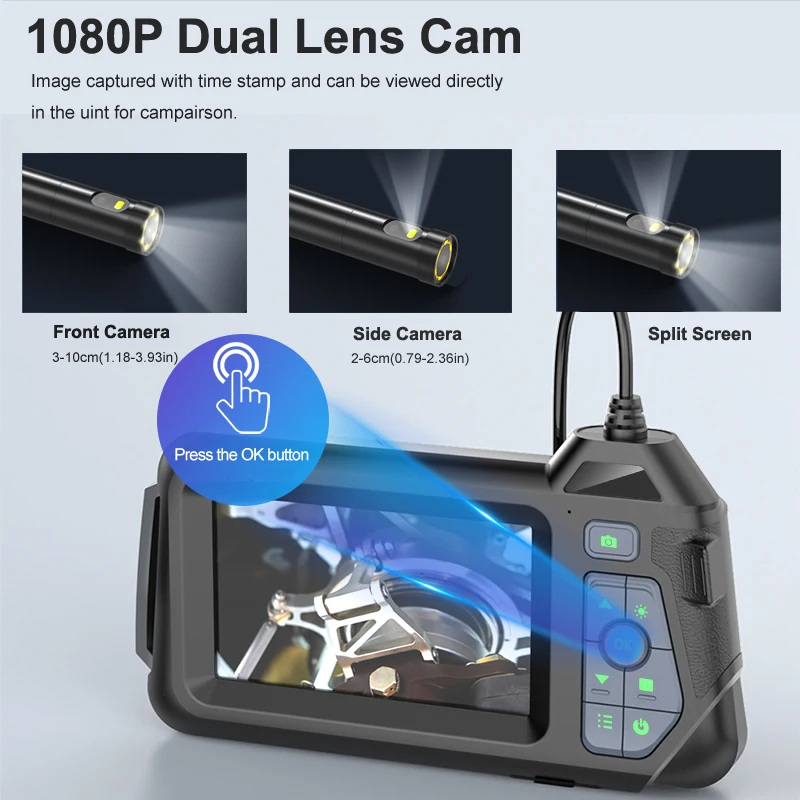 

2MP 1080P 4,3-дюймовый IPS-экран, эндоскоп с тройной линзой, CMOS-бороскоп, 3 камеры, вид сбоку, вид спереди, цифровой микроскоп для ремонта