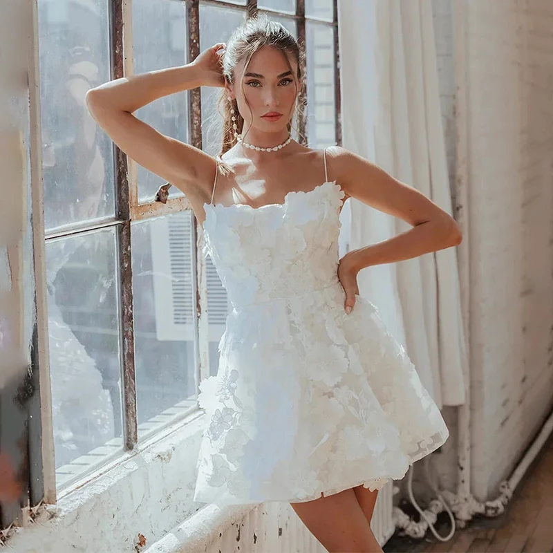 

White Spaghetti Strap Floral Mini Dress Sheer Tulle 3D Floral Short Wedding Dress Chic Short Prom Dress foe Cocktail Parties